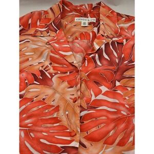 Chaus & Co Button Up Shirt Women Plus Size 18W Orange Tropical Monstera Leaf